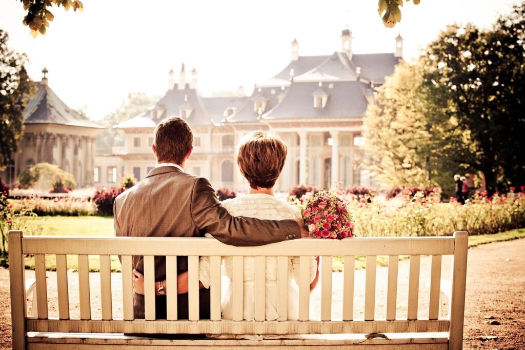 happy valentines day, couple, marriage, bench, married couple, bride, groom, sit, sitting, together, relationship, lovers, love, wedding, rest